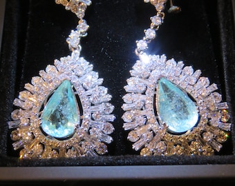 60%OFF Liquidation Clearance! Rare NWT 62,436 Gorgeous 18KT Gold Glittering Rare Large Paraiba Tourmaline and Diamond Dangle Earrings