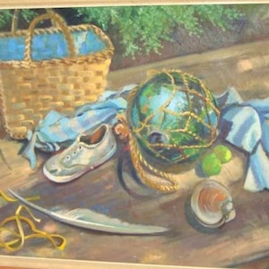 May include: A still life painting featuring a woven basket with a blue interior, a small white shoe, a glass ball in a net, and a blue and white striped cloth. Other items include a red fruit, a feather, and a shell.