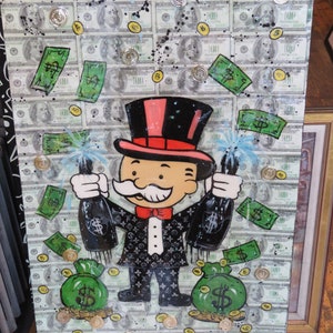 May include: A colorful painting of Mr. Monopoly wearing a tuxedo and holding two bottles of champagne. The background is a collage of US dollar bills and gold coins.
