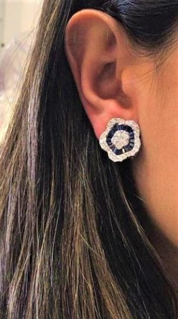 50% OFF Special Liquidation Sample Clearance!!! NWT 13,649 Rare Magnificent 18KT Gold Lrg Sapphire and Diamond Floral Flower Earrings View 2