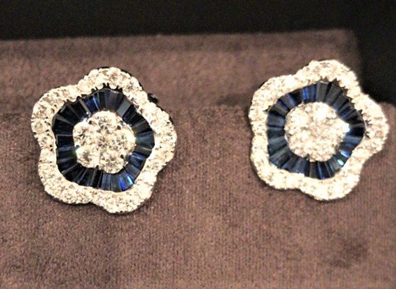 50% OFF Special Liquidation Sample Clearance!!! NWT 13,649 Rare Magnificent 18KT Gold Lrg Sapphire and Diamond Floral Flower Earrings