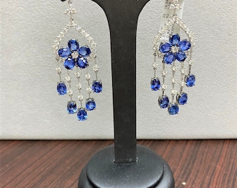 60% OFF Holiday Clearance!Accepting Best Offers!NWT 39,000 Rare Magnificent 18KT Gold 22.50CT Blue Sapphire Diamond Floral Dangle Earrings