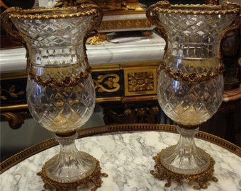 Liquidation Clearance!! 3,600 Exquisite Pair of Rare Magnificent Italian Bronze and Etched Glass Centerpiece Vase Urns!!!