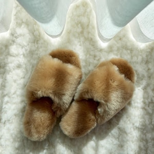 ANOA Beige Luxury Women's Woolen Handmade Slippers, Natural Leather, 100% Fluffy Sheepskin