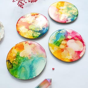 Set of 4 Coasters, Rainbow Gold Homeware, Alcohol Ink Art, Modern Home, Dining Living Room Decor, New Home Birthday Gift UK