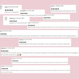 May include: A collection of positive customer reviews for a wrapping paper shop. The reviews highlight the quality of the paper, the unique designs, and the fast shipping.