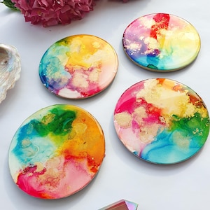 Set of 4 Coasters, Rainbow Gold Homeware, Alcohol Ink Art, Modern Home, Dining Living Room Decor, New Home Birthday Gift UK