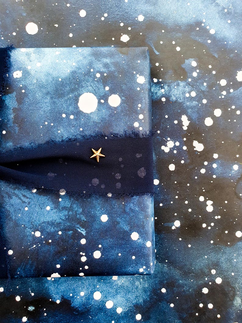 May include: A wrapped gift with a dark blue and white speckled design, resembling a starry night sky. A dark blue ribbon with a gold star charm is wrapped around the gift. The background has a similar design.