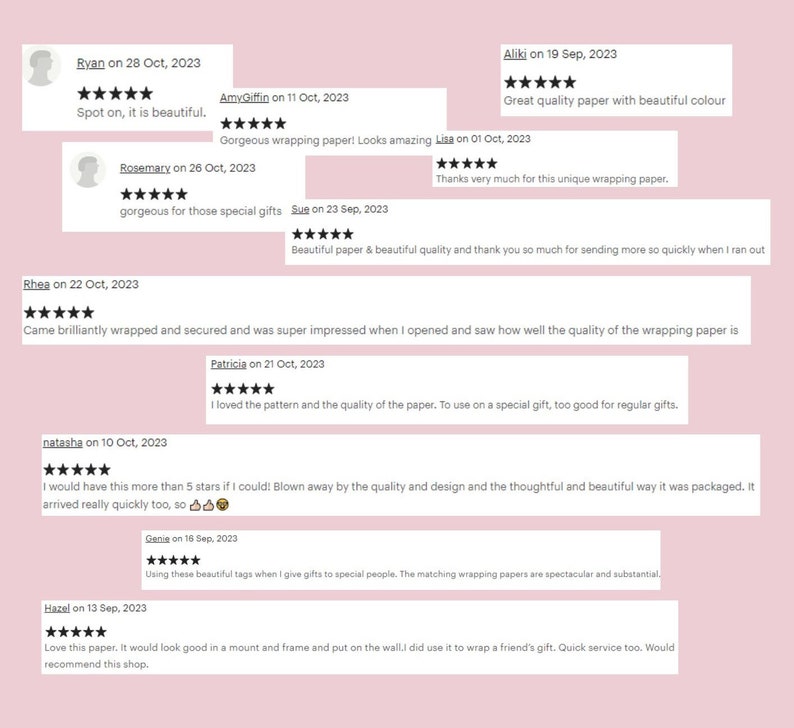 May include: A light pink background with customer reviews. The reviews are in white rectangular boxes and include text and star ratings. The reviews praise the quality and appearance of the product.