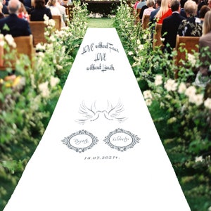 Hochzeitsgang Läufer personalisiert mit Tauben, Hochzeitskirche Dekor, Grauer Aisle Läufer mit Monogrammen und Namen, Aisle Dekoration