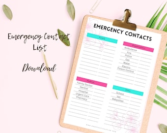May include: A printable emergency contact list with sections for family, organizations, medical, and other. The list includes categories such as ambulance, fire, police, gas, water, electric, poison control, family doctor, dentist, hospital, urgent care, pharmacy, school, vet, and babysitter.