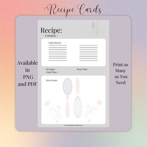 Recipe Card, Recipe Cards, Printable Recipe Card, Downloadable Recipe Card, Simple Recipe Card, Gray Recipe Card