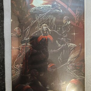 May include: Comic book cover featuring a dark, detailed illustration. A central figure with white hair and a red emblem sits on a throne, surrounded by ominous figures and a cosmic background. The artwork is rich in detail and dark tones.