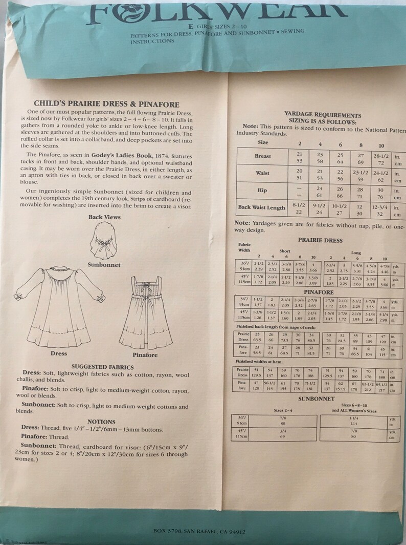 Child/'s Prairie Dress /& Pinafore 213 girl/'s sizes 2-10 Folkwear