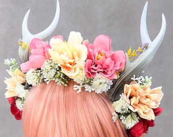Sunpetal Grove Headpiece – Handcrafted Antler Flower Crown in Warm Spring Tones