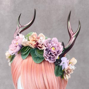 Nymph’s Garden Headpiece – Handcrafted Antler Flower Crown in Soft Pastel Tones