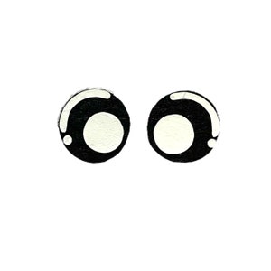 Puede incluir: Dos ojos grandes negros con pupilas blancas, que se asemejan a ojos de dibujos animados.