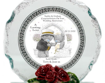 Wedding Anniversary Personalised gift Teddy&#39;s  Cut Glass  Plaque keepsake