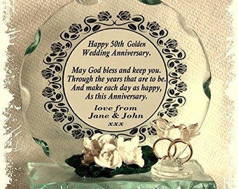 Golden wedding anniversary poem cut glass round frame plaque special occasion limited edition