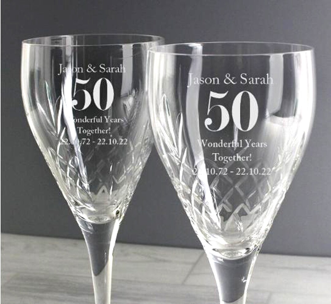 50th Golden Wedding Anniversary Engraved Crystal Wine Glasses Engraved