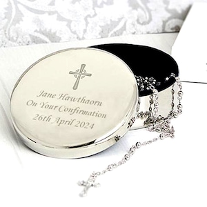 Confirmation Personalised gift Rosary Beads and Cross Round Trinket Box Christian present