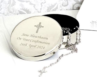 Confirmation cadeau personnalisé chapelet perles et croix boîte à bijoux ronde cadeau chrétien