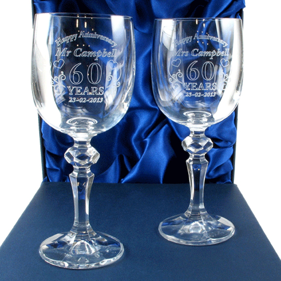 60th Diamond Wedding Anniversary Engraved Crystal Wine Glasses Etsy