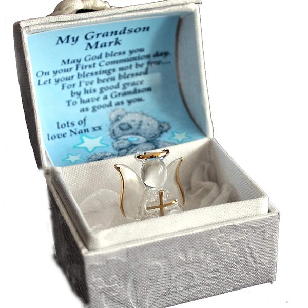 Grandson 1st Holy Communion personalised gift Crystal Angel gilded in 22kt Gold