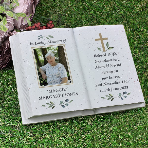 Grave Memorial Cross Photo Resin Book avec une photo et un message personnalisé