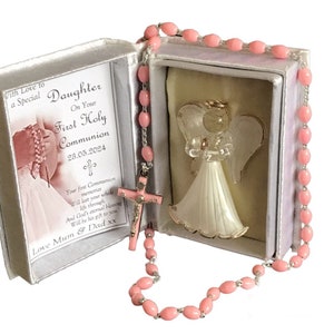 Daughter 1st Holy Communion Catholic Personalised gift  for a Girl  with Pink Rosary Beads