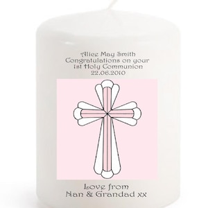 1st Holy Communion Candle personalised gift Pink cross for Girl