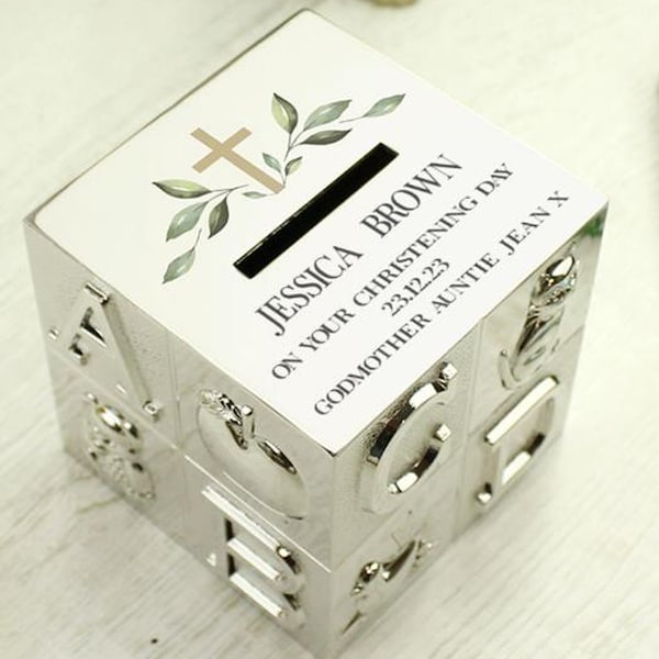 Silver Christening, Baptism, Personalised gift keepsake Money Box Christian Gift idea