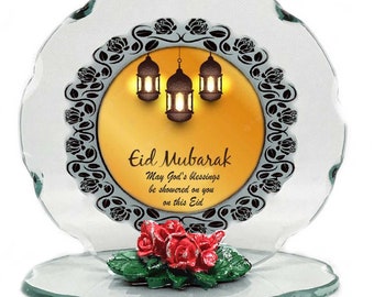 Handcrafted Eid Mubarak Cut Glass Plaque with Porcelain Flowers