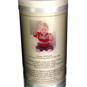 Naming day candle personalised gift with Verse &  your own photo and message
