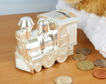 Baptême Baptême Cadeau personnalisé Argent Plaqué Train Tirelire parfaite pour tout petit garçon