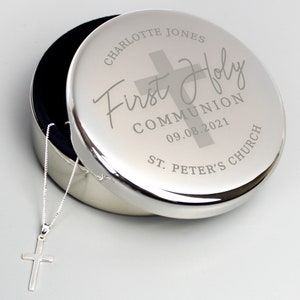 Personalized First Holy Communion Trinket Box & Sterling Silver Cross Necklace