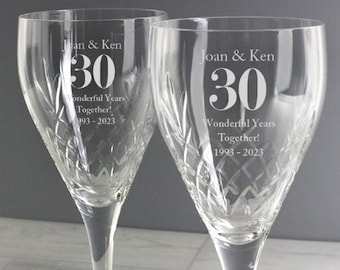 30th Pearl Wedding Anniversary Engraved Crystal Wine Glasses Engraved personalised gift