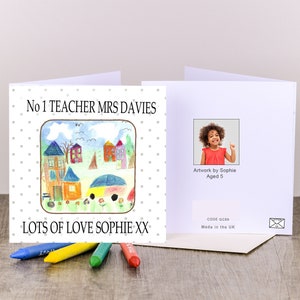 Enseignant, carte de remerciement personnalisée de fin d'année ou cadeau de départ avec message de l'enfant et oeuvre d'art