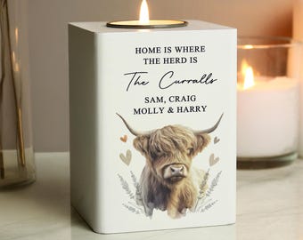 Highland Kuh Holz Teelichthalter Geschenk personalisiert