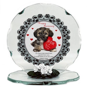 Targa in vetro tagliato per anniversario di matrimonio, regalo personalizzato, ricordo, design simpatico cucciolo di cane