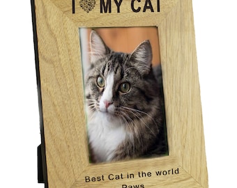 Personalized Cat Photo Frame: Engraved Oak Finish, 7x5 Portrait