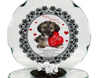 Valentine  Cut Glass Plaque Card personalised gift keepsake Cute Puppy dog design