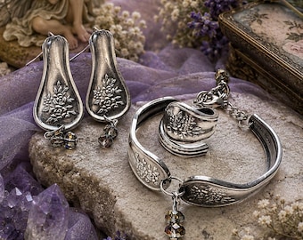 Conjunto de joyas vintage con diseño floral y forma de cuchara / Pulsera, anillo y pendientes de acero inoxidable / Hipoalergénico / Charm de cristal / Regalo para ella
