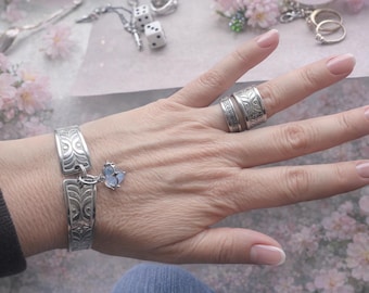 Vintage Spoon Jewelry Set – Opal Heart Charm Bracelet, Ring & Necklace Pendant – Adjustable Bracelet, Choose Ring Size – Upcycled Silverware