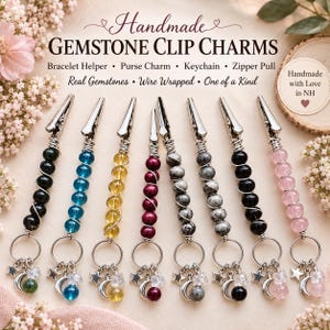 Hand Wire-Wrapped Genuine Gemstone Clip Charm | Bracelet Helper, Purse, Keychain Accessory