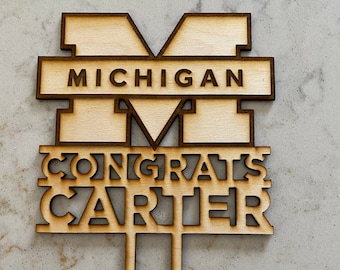 Personalized College Cake Topper, Graduation Gift, University of Michigan, MI, Custom, Laser Cut Wood, College
