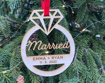 Personalized Wedding Date Ornament, Gift Tag, Wedding Ring, Marriage, Custom, Laser Cut Wood