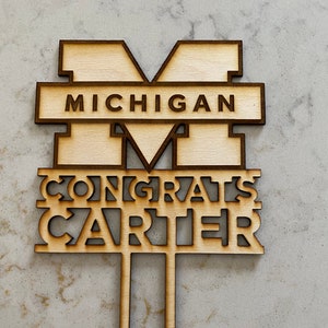 Personalized College Cake Topper, Graduation Gift, University of Michigan, MI, Custom, Laser Cut Wood, College