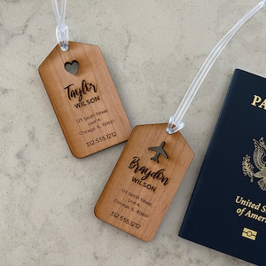 2 Personalized Luggage Tags, Wedding Gift, Newlyweds, Shower Gift, Engaged, Custom, Laser Cut Cherry Wood