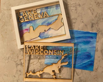 Custom Lake Art: Wood Frame Insert with Watercolor Background